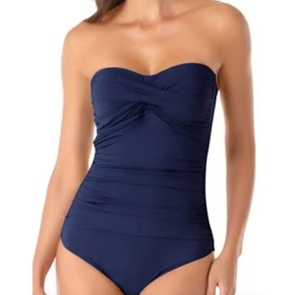 ANNE Cole Twist Front Shirred Bandeau One-Piece Swimsuit 16 Removable Straps NWT - Picture 2 of 6